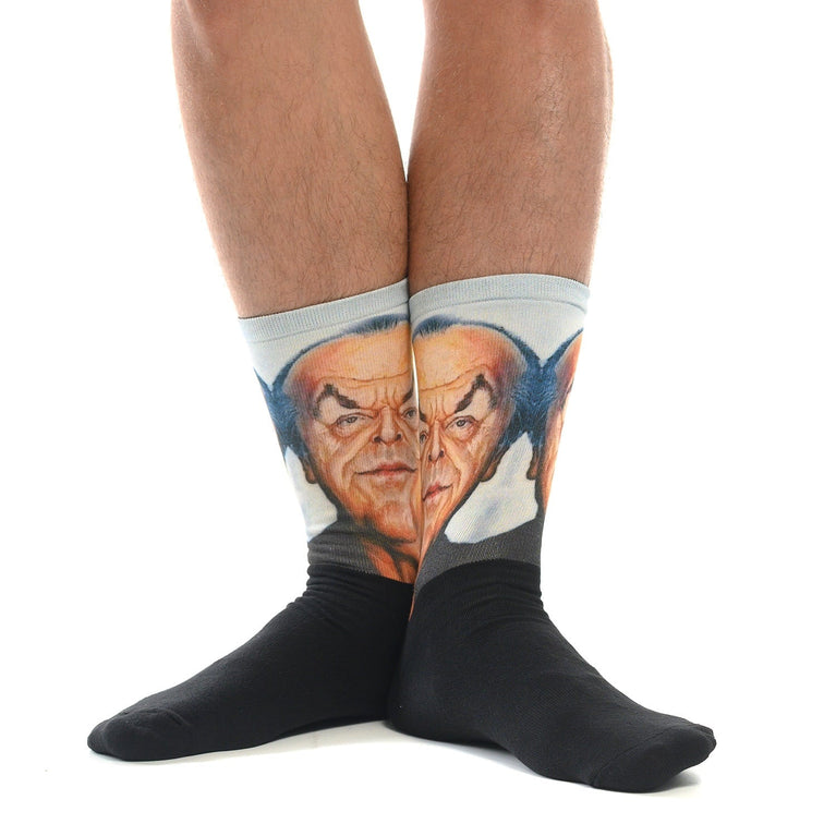 Смешни чорапи с карикатура на Джак Никълсън, модерни и удобни, идеални за забавен подарък за кино фенове.