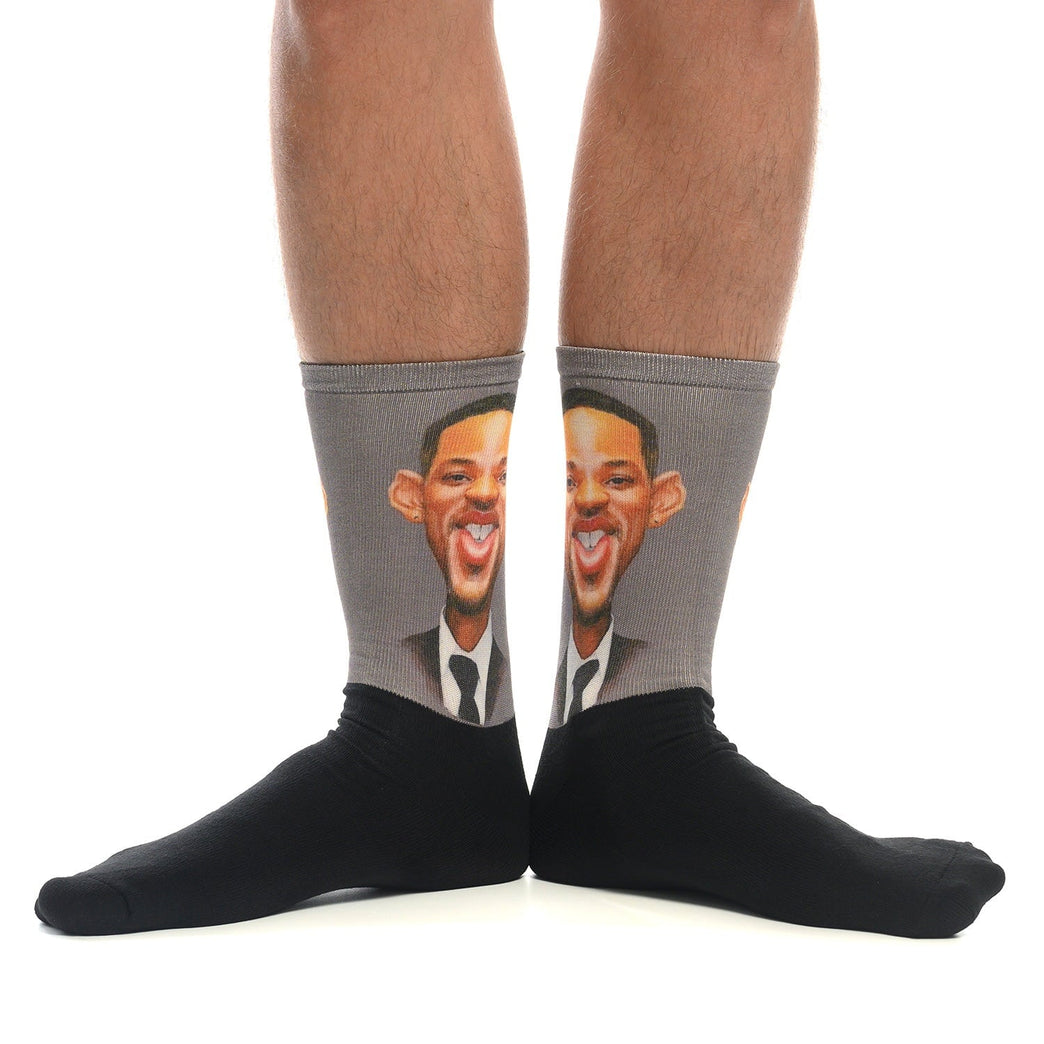 Чорапи с карикатура на Уил Смит, модерни забавни чорапи за стилен подарък, идеални за фенове на поп културата.