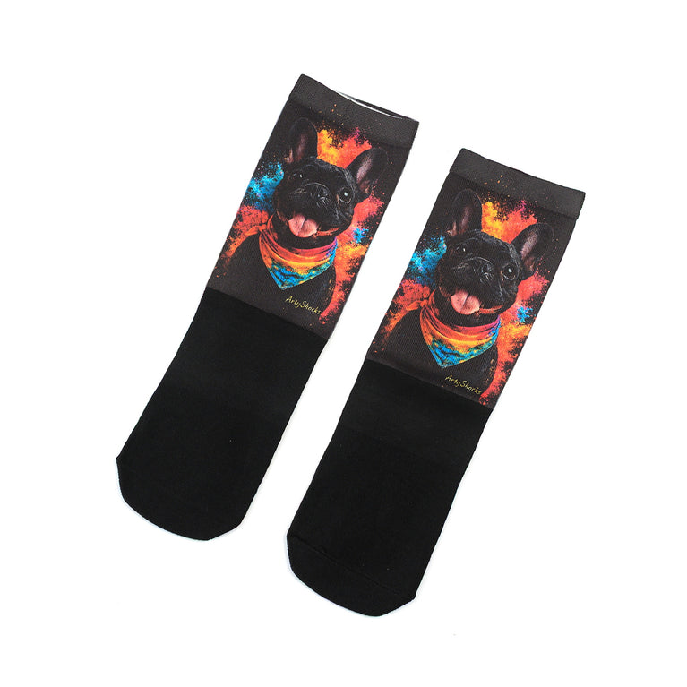 Lustige Socken „Die Abenteuer von Frenchie“