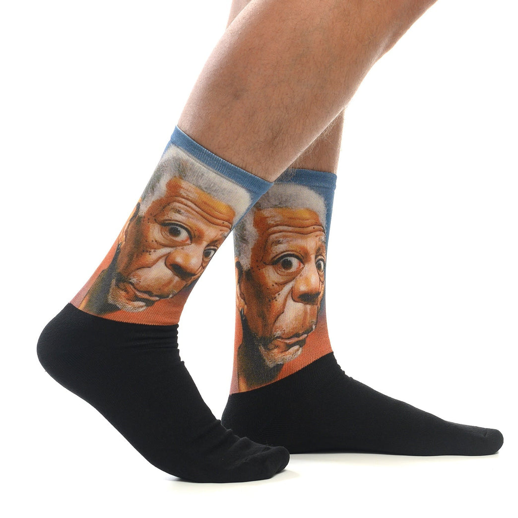 Чорапи с карикатура на Морган Фрийман, забавен акцент и стил, уникален подарък за киномани.