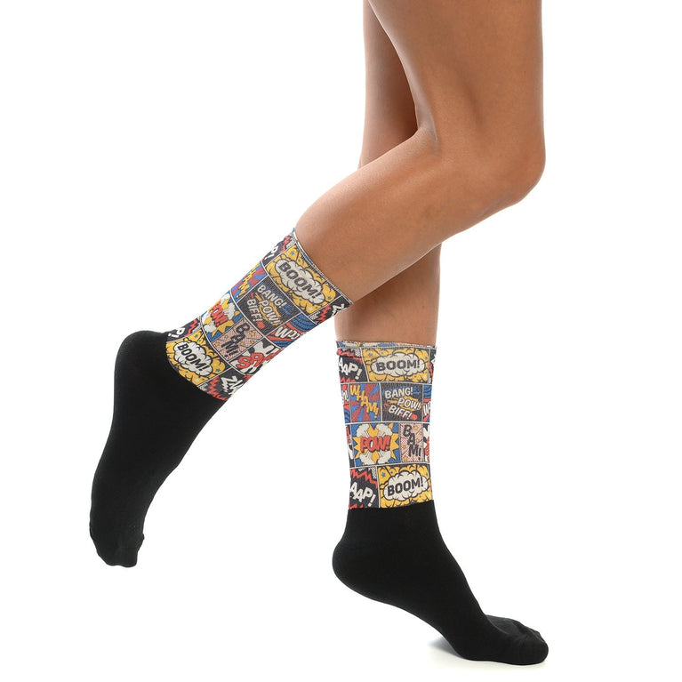Модерни забавни чорапи с комикс текст "Boom Bam!" - идеален подарък за фенове на поп културата.
