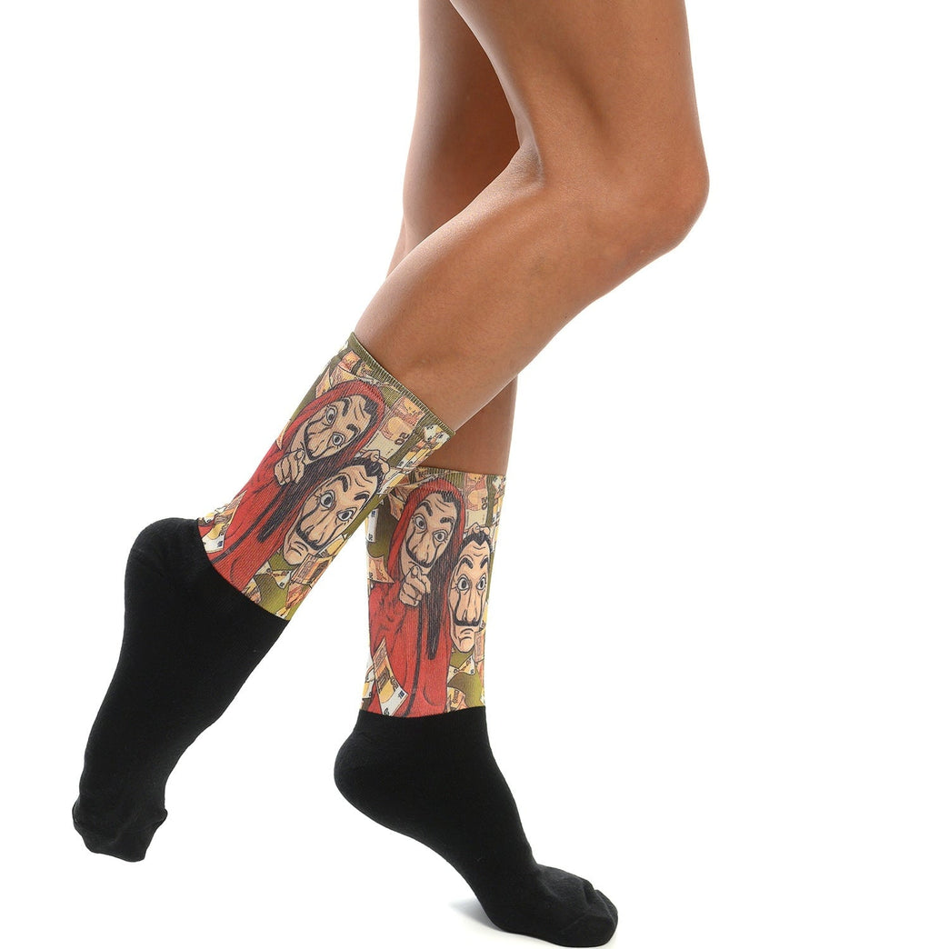 Забавни чорапи с героите от Хартиената къща, идеални за подарък за мъж или жена, модерен дизайн, онлайн магазин Artyshocks.bg