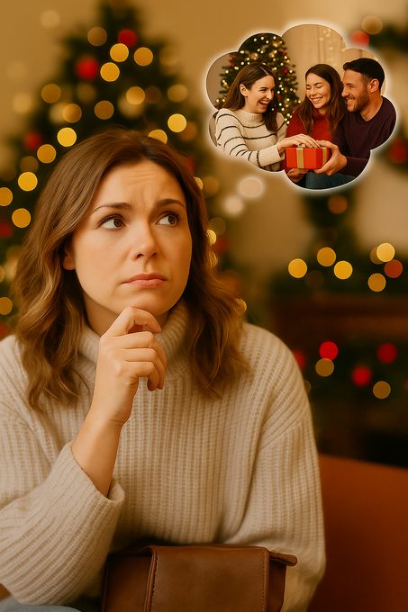 Чудиш се как бюджетът да стигне за всички подаръци? Жена мисли за Коледа и подаръците пред коледно дърво.