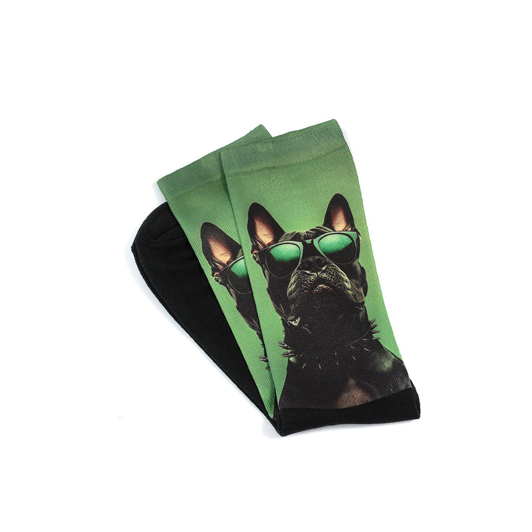 Забавни чорапи – „Cute Loyal Beast“, чорапи с френски булдог в зелени очила и яка с шипове.