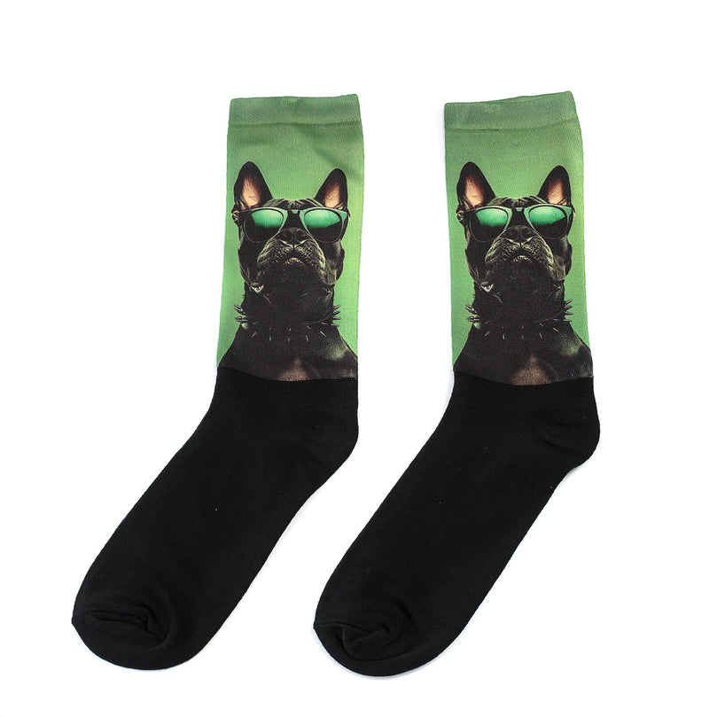 Забавни чорапи – „Cute Loyal Beast“ с френски булдог в зелени очила и черен чорап.